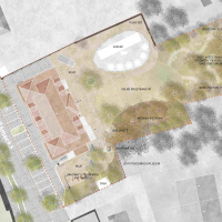 obrázek k Situace: Situace vily, novostavby pavilónu a pojetí komunitní zahrady.